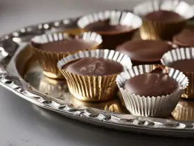 Chokladpraliner i guldfärgade formar på ett silverfat. Perfekt för ett enkelt ischoklad recept.