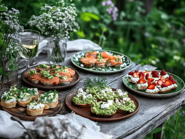 Välkomna till midsommar! Små, läckra snittar med lax, avokado och bär dukas upp på ett rustikt träbord.