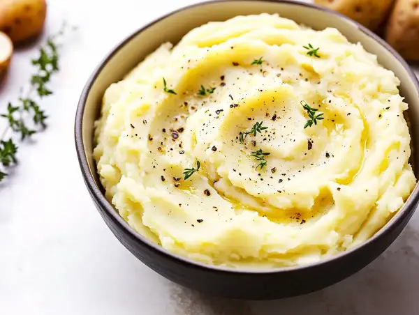 En skål med krämigt potatismos lyx, toppat med örter och peppar. Perfekt som tillbehör till middagen.