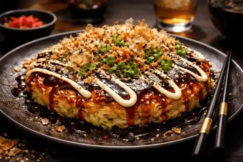 En läcker okonomiyaki med sås, majonnäs, sesamfrön och grön lök. Perfekt för ett okonomiyaki recept!