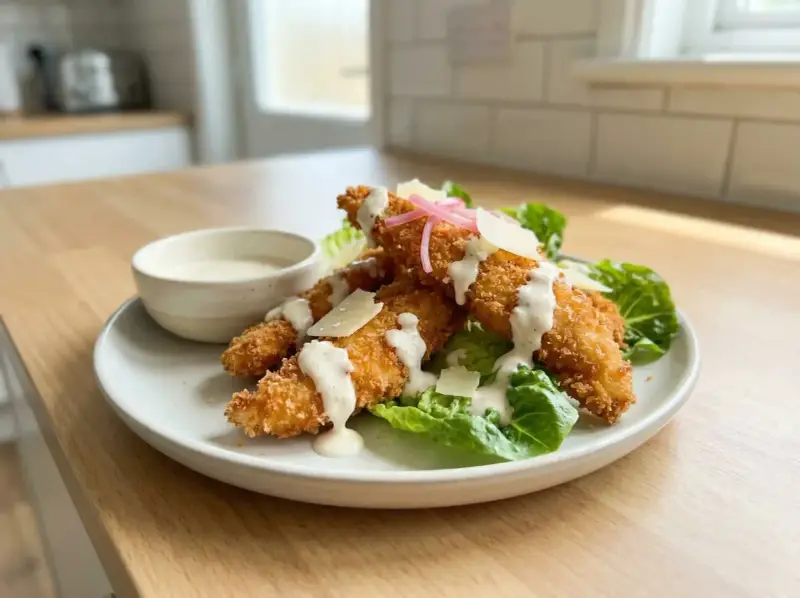 Krispiga bitar av panerad kyckling serveras med sallad, parmesan och en krämig dressing. En härlig rätt som passar perfekt till lunch eller middag.